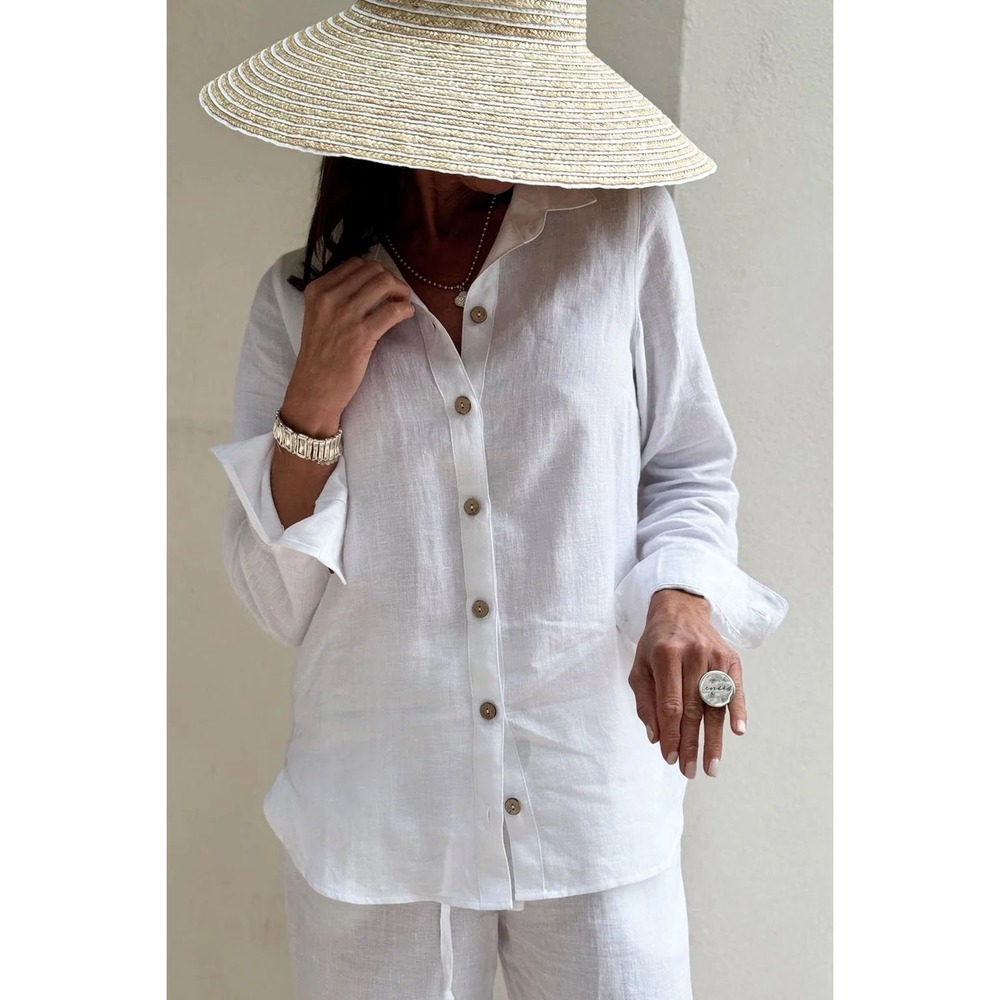 BYPIAS White Boyfriend Linen Blouse Button Down Shirt XL Minimal
